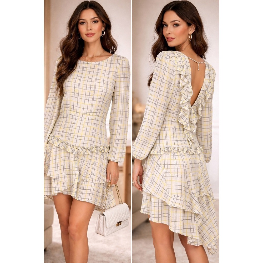 Patrizia Pepe Light Check Ruffle Tiered Open Back Mini Dress Size 42 NWT